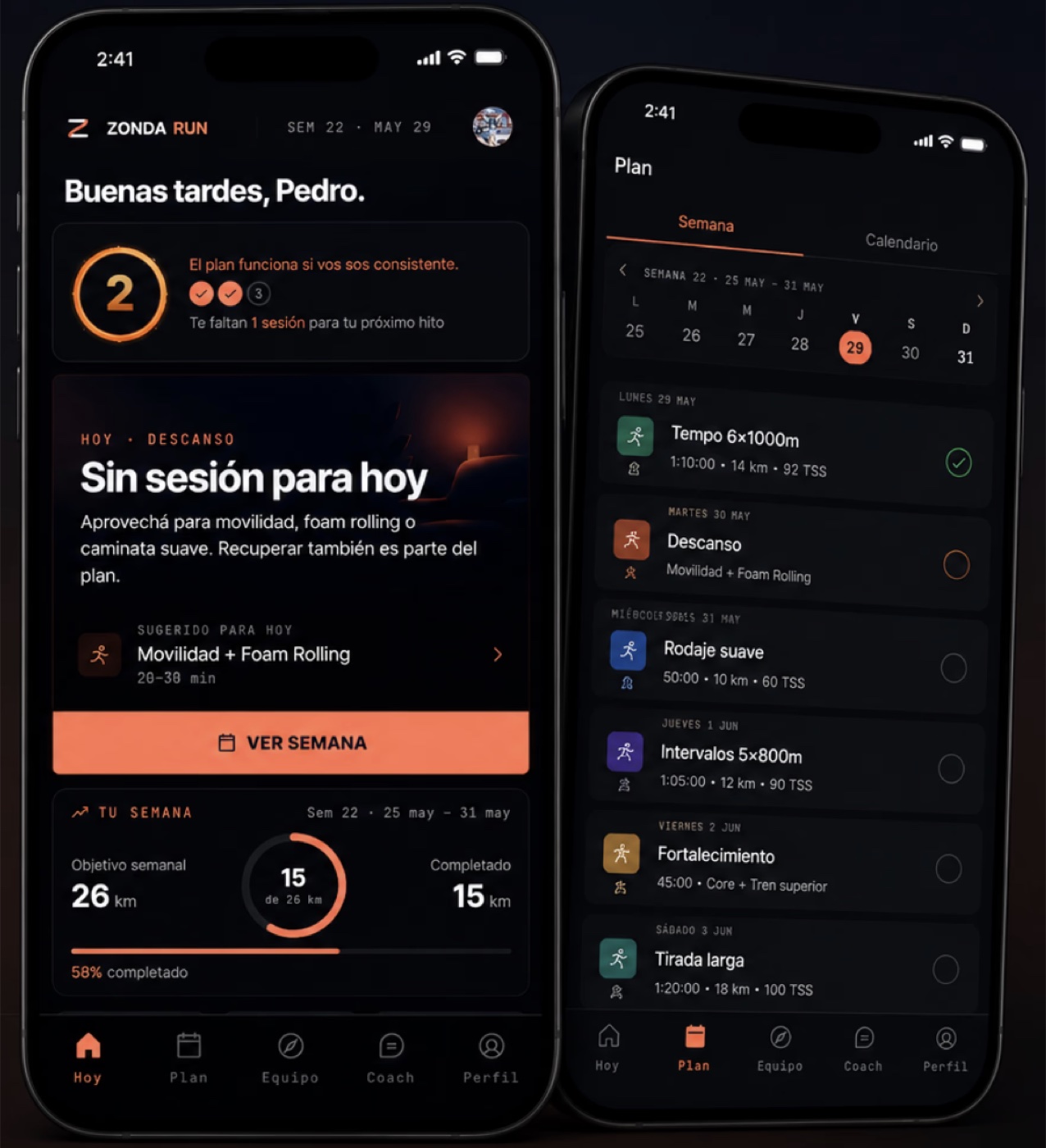 Zonda Run — app del atleta (pantallas Hoy y Plan)